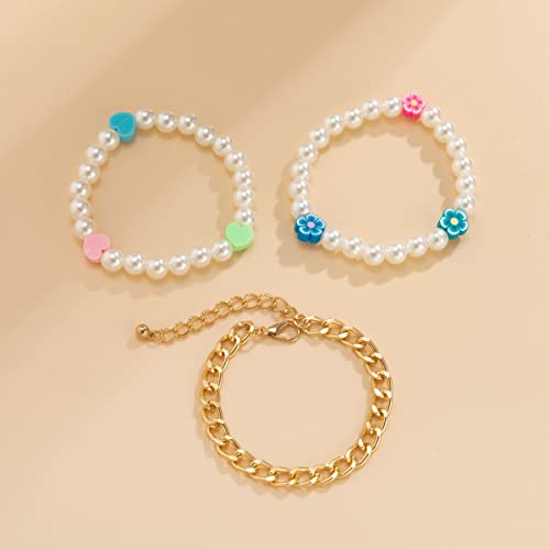 Set de 3 bracelets chaînes perles d'imitation et pendentifs fleurs - 2