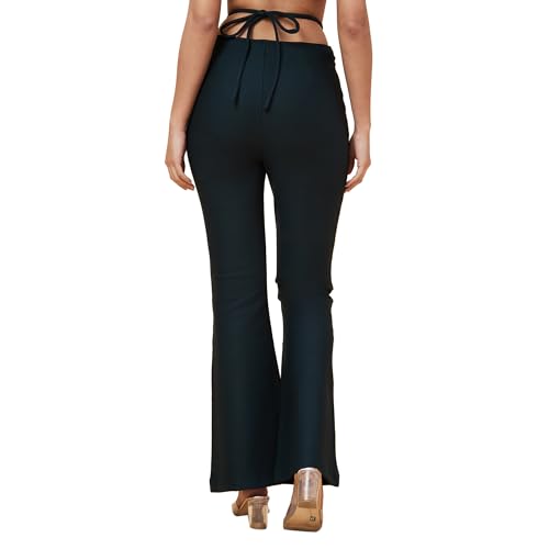 Image of Globus Women Black Solid High-Rise Slip-On Bootcut Tregging with Waist Tie Up-3639478001