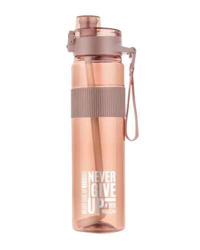 Image of Motivational Sports Water Bottle 1000ml BPA-Free Plastic Bottle with Flip Lid & Straw Reusable Leakproof Drinking Bottle for Gym, School, Office, Home & Outdoor Activities (black, pack of 1) (pink)