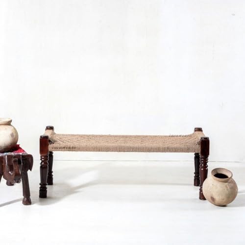 Image of Wooden Bench for Seating | Handcrafted Sheesham Wood Bench for Living Room, Balcony & Garden | Traditional Patio for Outdoor with Jute Handwoven Rope | Jute