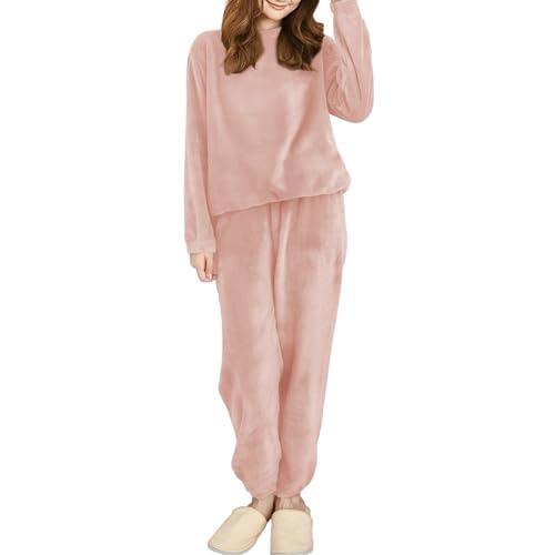 Hveuluop Gieen Ensemble Pyjama Femme en Polaire Corail – Haut à Manches Longues et Col Rond et Pantalon, Ensemble de Détente Élastique en Velours Corail,...