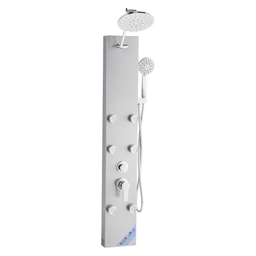 VEVOR Pannello Doccia Sistema a Torre, con Soffione Doccia, 124 cm Colonna Doccia in Acciaio Inox Spazzolato, Sistema di Massaggio a Parete, con Doccetta e 6 Piccoli Getti Massaggianti