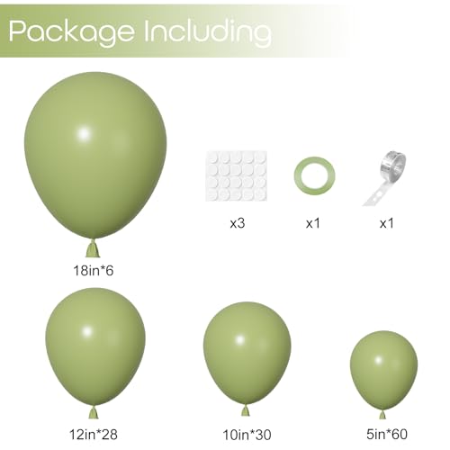 Image of Ouddy Party 129Pcs Sage Green Balloon Arch Garland Kit in 18 12 10 5 Inch | Different Sizes 6Pcs 18 inch Olive Green Latex Balloons for Birthday Engagement Wedding Jungle Safari Party Decorations