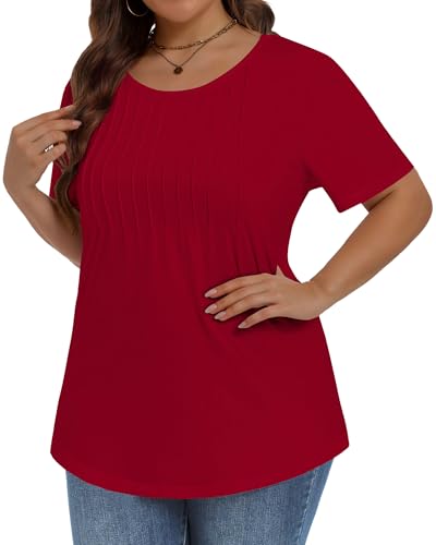 Image of Plus Size Tops for Women Pleated Summer Top Trendy Short Sleeve Shirts Casual Basic Tee Crew Neck Blouses 2026