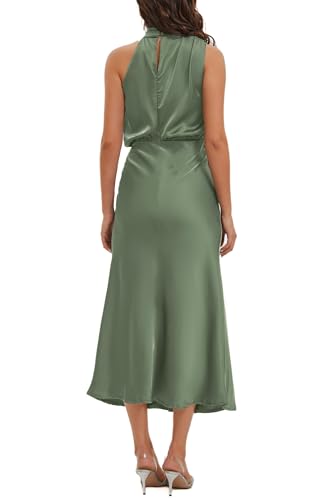 Image of Women's Satin Maxi Dress Summer Formal Wedding Guest Cocktail Dress | Mock Neck Sleeveless,Elegant Silk Midi Long Dress,High Neck,Halter,Aline,Bridesmaid,Bridal Shower Guest,Garden Party,Dinner
