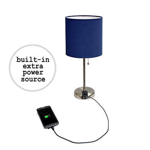Limelights Lt2024-Nav Brushed Steel Stick Table Desk Lamp With Charging Outlet And Drum Fabric Shade, Navy #TOP4