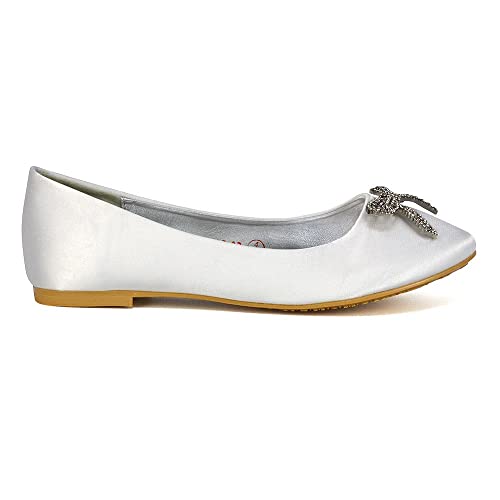 Women Flat Bridal Satin Slip On Ballerina Pumps Ladies Diamante Bow Bridesmaid Shoes Size 3-8