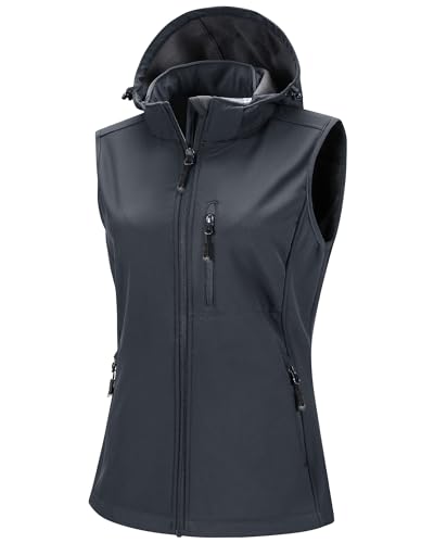 Image of 33,000ft Women's Lightweight Softshell Gilets with Hood Sleeveless Jacket Waterproof Windproof Vest Lady's Fleece Lined Vest with 5 Zip up Pockets Dark Grey 2XL
