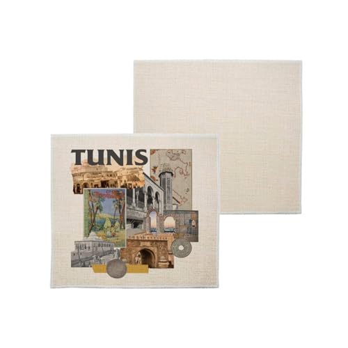 sous Verre en Lin - Tunis Vintage Collage Tunisie Voyage Vintage - 1 unité (100 x 100 mm)