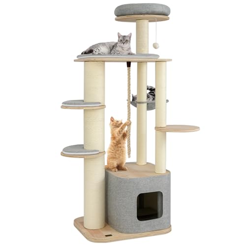 PETSITE 63 Inch Wooden Cat Tree, Multi-Level Cat Tower with Scratching Posts, Cat Condo, Side Hammock, Dangling Ball, Washable Cushions, and Sisal Rope, Modern Cat Tree Tower for Indoor Cats
