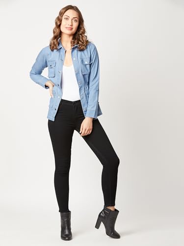 Image of Miss Chase Women's Polo Neck Full Sleeves Patch Pocket Denim Overcoat Knee-Length Jacket
