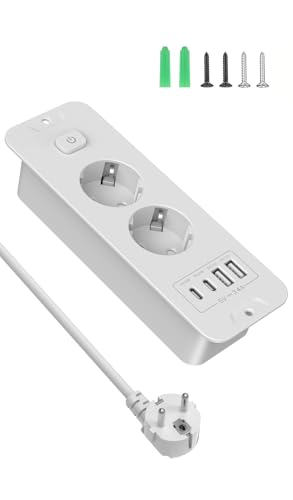 RivHillXUS Regleta Empotrable Mesa con USB C PD 20W, Blanco 2 Tomas AC, para Sala, Hotel, Cafetería - 2 Metros