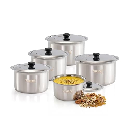 Image of Sumeet ISI Certified HeavyPly Premium Stainless Steel patila Set, 5 pcs with lids - 1150 ml, 1400 ml, 1900 ml, 2500 ml, 3000 ml, Induction & Gas Compatible, Durable bhagona /tope cookware for Kitchen