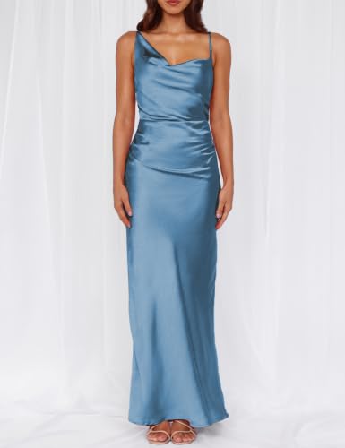 Image of Formal Satin Silk Spaghetti Strap Maxi Dresses for Women Wedding Guest
