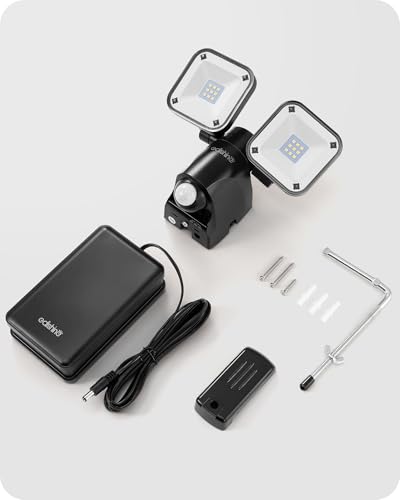 EDISHINE Batterie LED Strahler mit Bewegungsmelder Außen, Kabelloser Batteriebetriebener Außenstrahler, Verstellbare Doppelte Lampenköpfe, IP44 Wasserdicht, 800 Lumen, 6000K für Garage, Hof