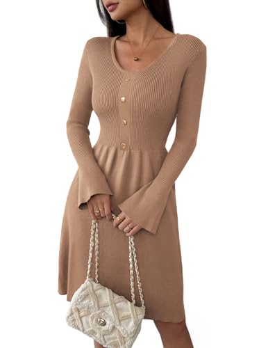 Zeagoo Damen Strickkleid Langarm V-Ausschnitt Pulloverkleid Elegant Knielang Herbstkleid Casual Kleid Herbst Winter A Linien Hellbraun M