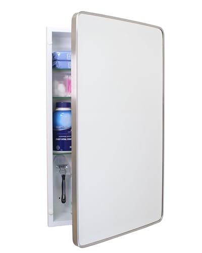 Image of 16x26 Austin Farmhouse Metal Framed Rounded Rectangle Recessed Bathroom Medicine Cabinet, Beveled Mirror, 14x24 in-Wall Opening, powder-coated Steel, Glass Shelves, Magnet Close, Brushed Nickel