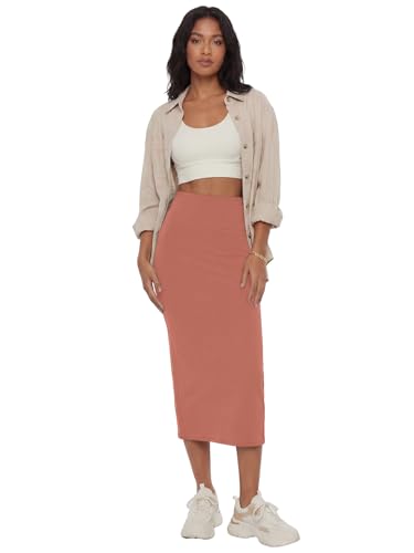 Image of Rooscier Women's High Waisted Pencil Midi Skirt | Stretchy Bodycon Knee Length Skirts with Back Slit