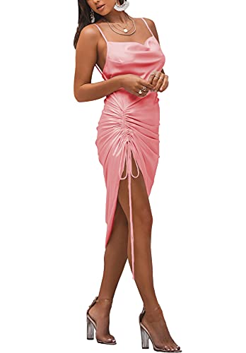 Image of LYANER Women's Satin Spaghetti Straps Cowl Neck Sexy Ruch Cocktail Midi Dresses