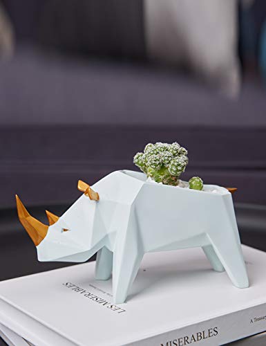 HauCoze Cactus Planter Suculento, Estatueta de Rhino Geométrico, Escultura de Decoração Doméstica, P