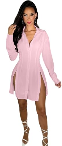 Image of Shirt Dress for Women Sexy Button Down Date Night Dresses Ruched Slit Stand Collar Long Sleeve Blouses