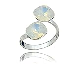Farbe - Purple Crystals & Stones Swarovski *DOPPELT SQUARE* *VIELE FARBEN* 925 Silber Ring Swarovski Elements - 925 Sterling Silber Damen Ring Größe Verstellbar (White Opal)