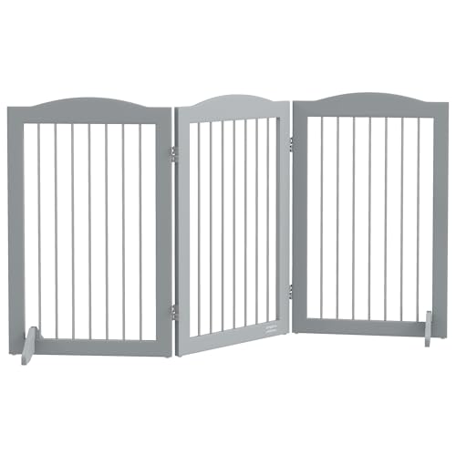 PawHut Barriere de sécurité Pliable, barrière Chien 3 plaques, 2 Pieds de Soutien, Hauteur de 80 cm, pour Portes, couloirs, Chambres et escaliers, Gris