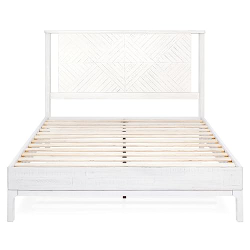 Image of Bme Ethan Queen Bed Frame with Diamond Headboard, Mid-Century Modern, Solid Acacia Wood, No Box Spring Needed, Fits All Mattresses, Rustic White