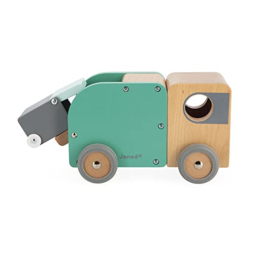 Image of Janod - Bolid Solid Wood Recycling Truck - Magnetic Bin Included - Silent Wheels - Imagination and Fine Motor Skills - Water-Based Paints - 2 Years + J04633, Green