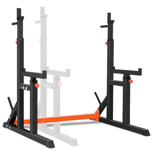 ISE Support Barre de Musculation Multifonction, Rack Squat avec Barres pour Haltères, Cage de Musculation en Acier, Rack Musculation Hauteur et Largeur...