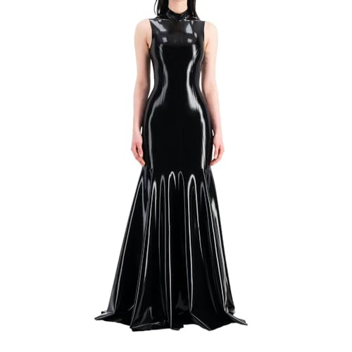 Women Sleeveless Wet Look PVC Leather Maxi Dress Faux Latex Mermaid Floor-Length Dress Party Club Outfit