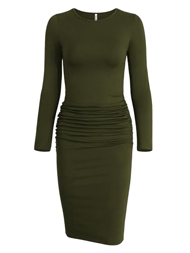 Image of Missufe Women's Long Sleeve Slim Ruched Bodycon Dress 2025 Trendy Fall Casual Round Neck Sheath Knee Length Outfits Clothes