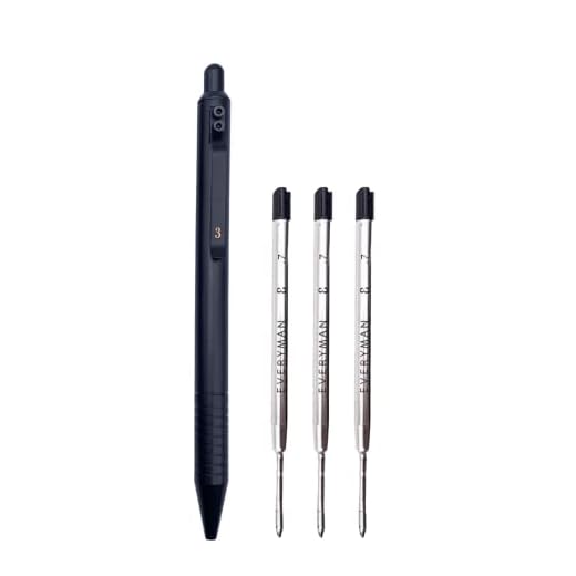 Everyman Black Grafton Pen & Ink Bundle - Luxury Metal Writing EDC Pen with Extra 3-Pack of Black Gel Pen .7mm Refills