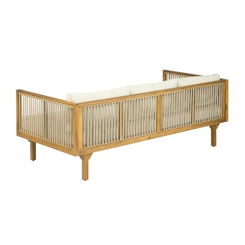 Merax Acacia Wood Outdoor Patio Loveseat Sofa w/Coushion and & Light Brown Rope, 3-Seater Sofa Daybed for Backyard, Lawn, Deck, Balcony, Water Repellent Fabric, 600 lbs Capacity, Teak +Beige