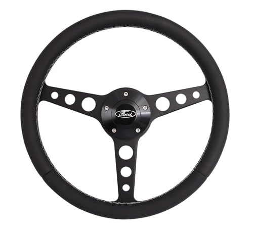 Leather Steering Wheel - Leather Covering Untucked/Separating - 2020 Ford Explorer 4 Grant Steering Wheel, Classic Series, 13.75 in Diameter, Flat, 3-Spoke, Black Leather Grip, Ford Oval Logo, Aluminum, Black Anodized, compatible with Ford Fullsize SUV/Truck/Van 1965-77, Each
