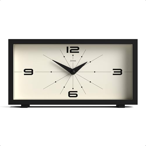 JONES CLOCKS® Odeon Horloge de Bureau | Design rectangulaire Moderne | Noir | Look rétro élégant pour étagère, Table, Manteau de cheminée ou Chevet