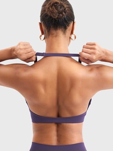 Image of YEOREO Halter Sports Bras for Women Low Impact Removable Padded Adjustable Deep V Bra Seamless Workout Gym Crop Tops