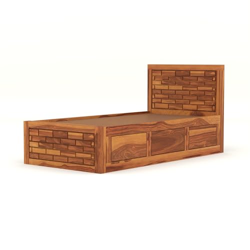 Image of Solid Sheesham Wood Single Size Bed with Box Storage for Bedroom Living Room Single Cot for Home Wooden Palang for Hotel (Honey, Size 6 * 3)