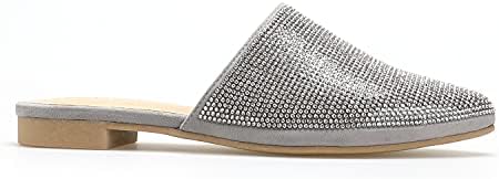 Women's Pointed Toe Mules -Slip On Rhinestones Glamorous Flat Sandals Slides Grey 9 Size