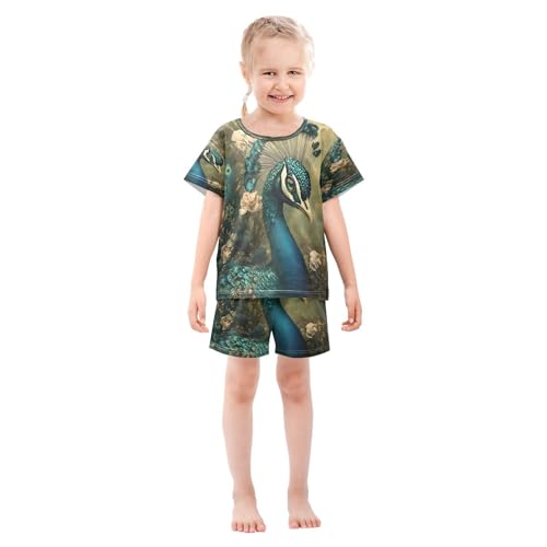 ALAZA Blue Green Peacock Flower Pajamas Set Short Sleeve Cotton Sleepwear Summer Pjs 2 Piece 5-14Y3