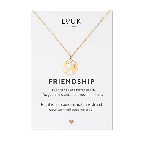 LUUK LIFESTYLE Collar sencillo para mujer con colgante de globo terráqueo I colgante planeta tierra con tarjeta frase FRIENDSHIP para regalar a aventureros, mejores amigas, dorado