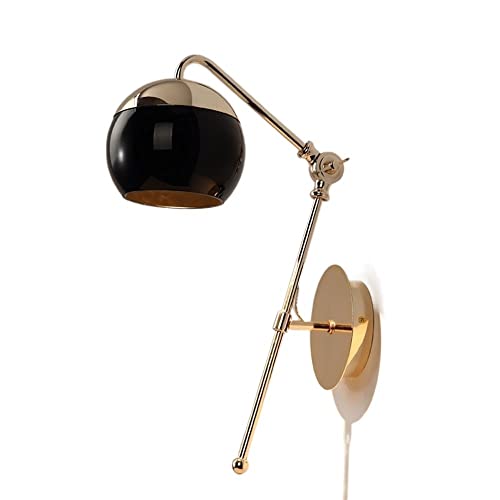 Lumière murale lanterne verre noir E27 avec long bras doré chic