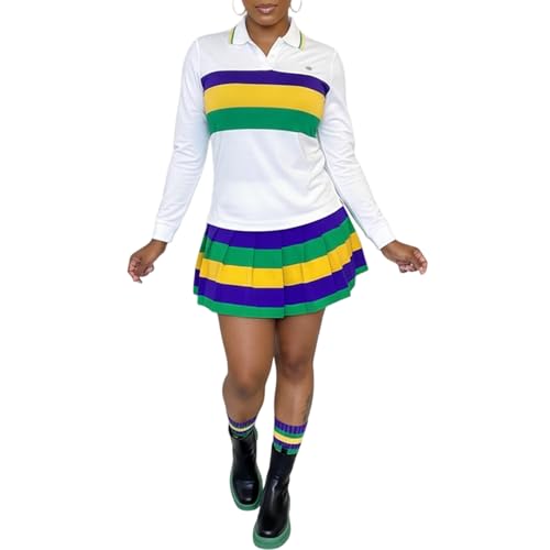 Womens Outfit | 2 Piece Striped - Long Sleeve Quarter Button Top with Pleated Skirt Set,for Workout White x_l