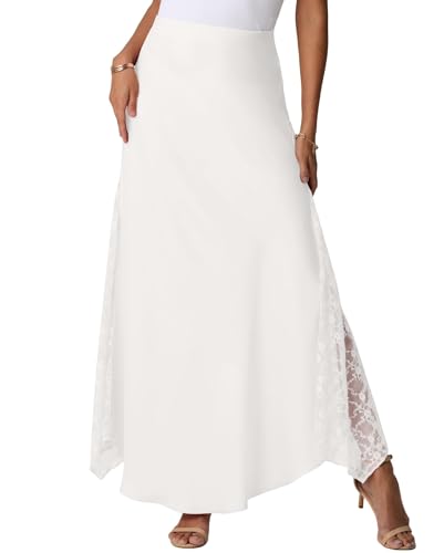 GRECERELLE Faldas maxi de satén de verano para mujer, de cintura alta, de seda, largas, fluidas, línea A, con cremallera, falda de señora para fiesta, boda, vacaciones, Nieve, XL