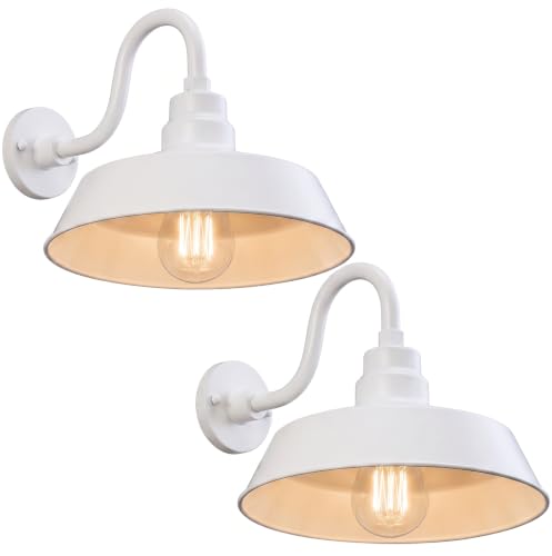 Image of 14in. White Outdoor Gooseneck Barn Light Fixture With 10in. Long Extension Arm - Wall Sconce Farmhouse, Antique Style - UL Listed - 9W 900lm A19 LED Bulb (5000K Cool White) - 2-Pack
