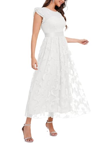 Women's Casual Tulle Midi Dress Ruffle Sleeve Crewneck Lace Flowy Dresses Party Wedding Guest Sundress2