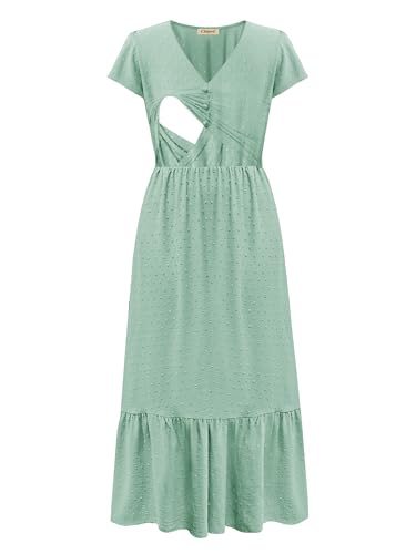 Image of CzzzyL Women Nursing Boho Maxi Dresses Cap Short Sleeve V Neck Swiss Dot High Waisted A-Line Ruffle Tiered with Pockets