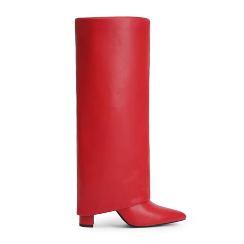 Image of Knee High Boots Women Fold Over Boots Chunky Heel Pointed Toe Tall Boots | Fashion Slouchy Boots,Side Zipper Shark Boots,Fall Spring Winter Fashion Dress Tall Boots,Evening Bridal office Long Boots