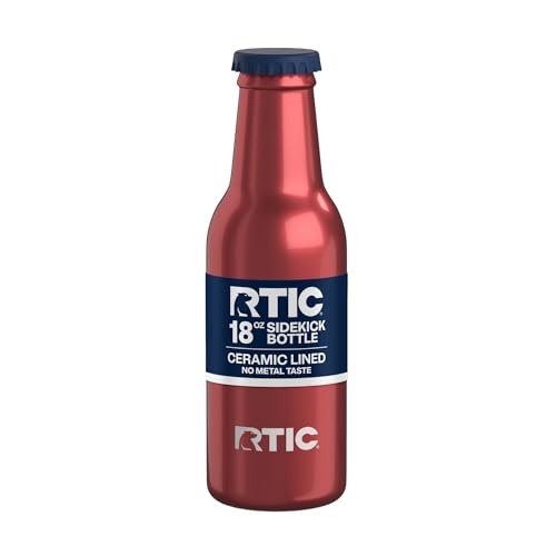 RTIC 18oz Sidekick Bottle with Cap Ceramic Lined Stainless Steel Insulated Portable for Beverage Drink Party Travel Camping Car Water Red Pop