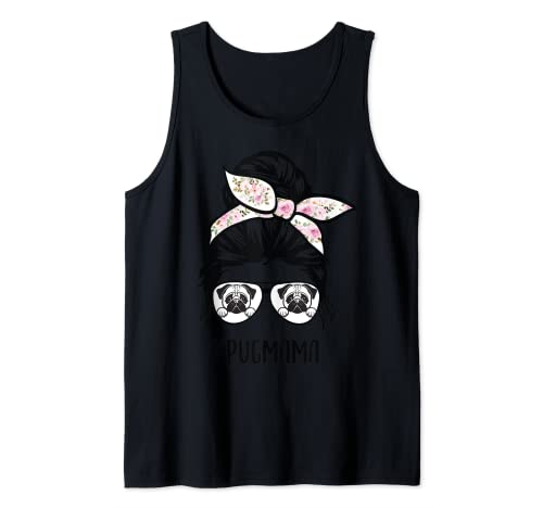 Pug mom messy bun hair glasses, Pug mama messy bun glasses Tank Top